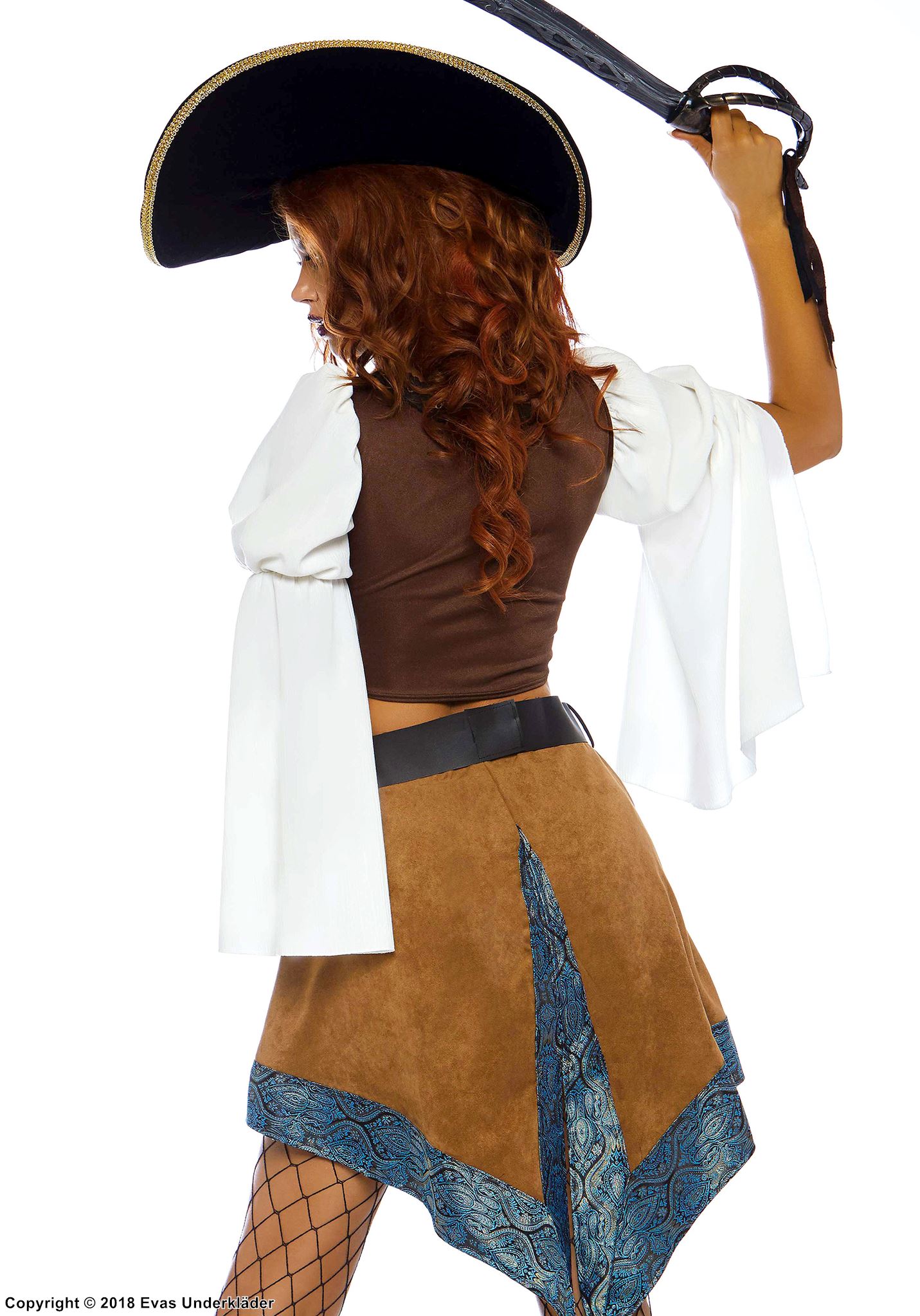 Female pirate captain, top and skirt costume, faux suede, peasant sleeves, eyelets